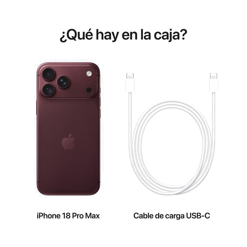 Contenido de la caja: iPhone 18 Pro Max y cable de carga USB-C