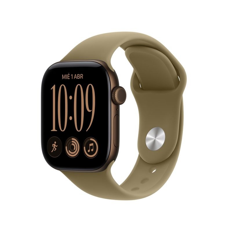 Apple Watch Serie 12 42mm bronce oscuro, vista lateral con la correa deportiva
