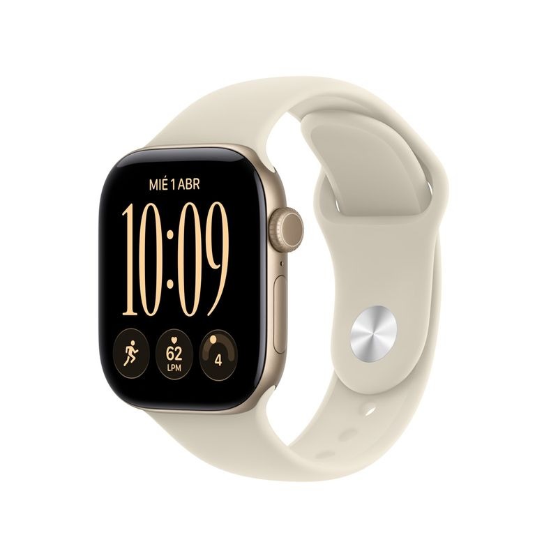 Apple Watch Serie 12 42mm oro claro, vista lateral con la correa deportiva