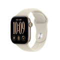 Apple Watch Serie 12 42mm oro claro, vista lateral con la correa deportiva