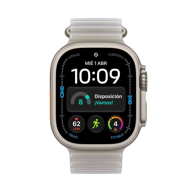 Apple Watch Ultra 4 49mm titanio natural, vista frontal con la correa Ocean