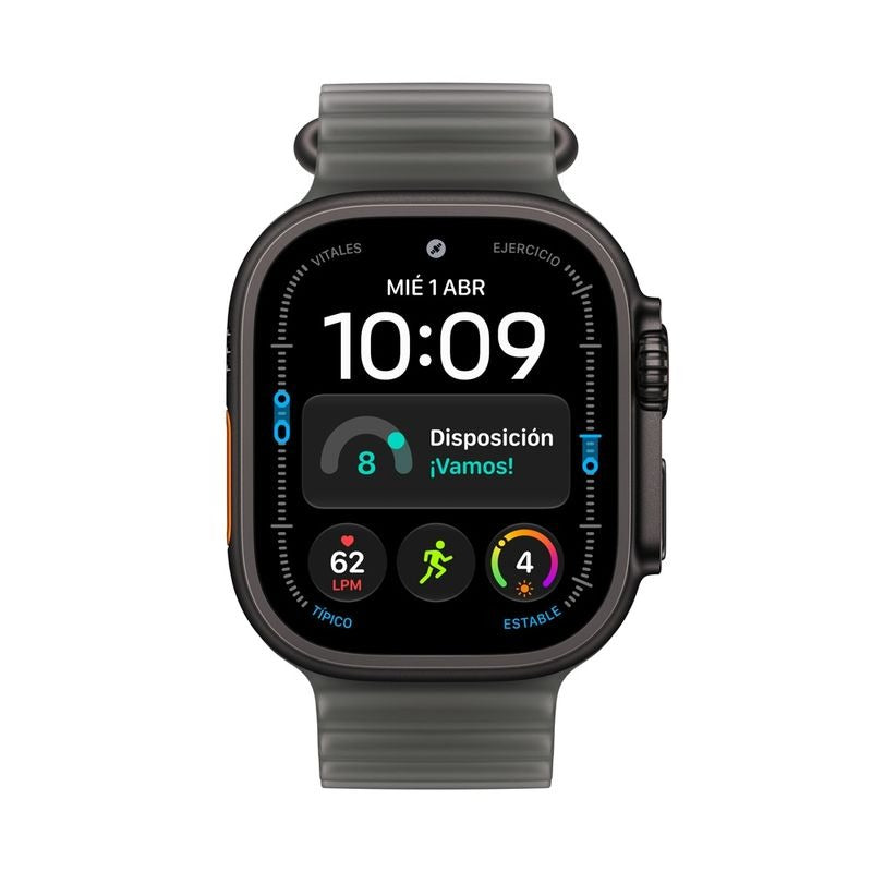 Apple Watch Ultra 4 49mm titanio negro, vista frontal con la correa Ocean